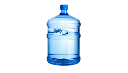 Large transparent plastic container filled with clear, refreshing water against a black backdrop. The blue cap is visible