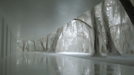 Empty White Modern Architecture Corridor With Trees