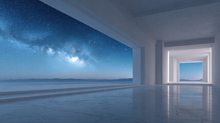 White Modern Architecture Exterior At Night With Ocean View