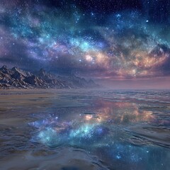 Starry Night Beach Landscape With Reflection