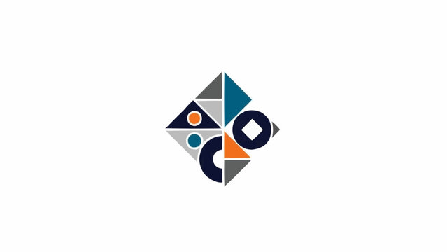 Geometric logo design featuring triangles, circles, and squares in blue, orange, and gray. - Powered by Adobe