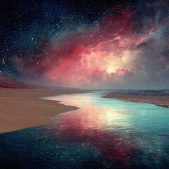 Starry Night Beach Scene With Colorful Reflection