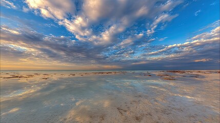 Coastal Panorama At Sunset With Cloudy Sky And Reflections