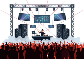 Crowd at a Music Concert with DJ on Stage Illustration