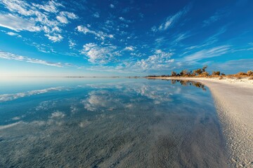 Serene Beach Panorama Reflecting Clouds