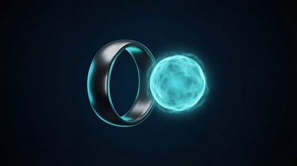 Glowing blue torus and orb with neon light on dark background, futuristic technology concept with metallic ring and radiant sphere with digital