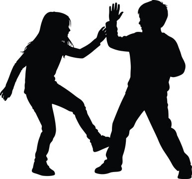 Children martial arts silhouette, kids fighting pose, playful self defense training, black vector illustration isolated on white background, action concept design