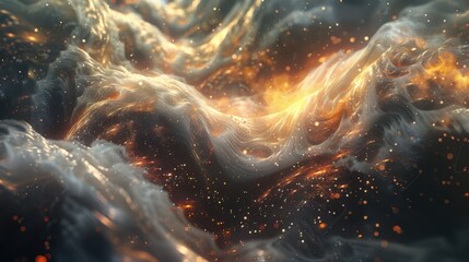 mesmerizing digital landscape featuring flowing lines and glowing particles, creating sense of depth and movement in virtual space. warm tones evoke feeling of energy and innovation