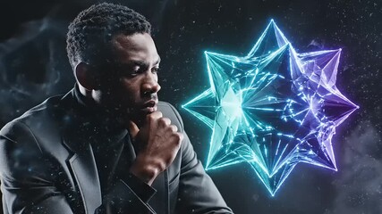 A discerning professional deeply contemplates a radiant, intricate geometric form, embodying profound intellectual engagement with abstract concepts and the innovative potential