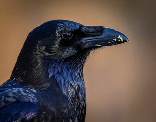 Close-up of a glossy black bird, featuring a stark profile against the background