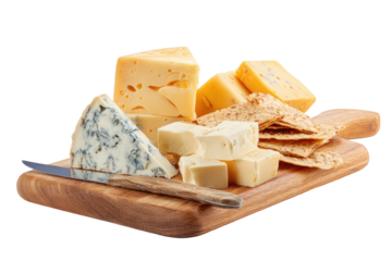 Assorted cheeses, crackers, & knife on wood cutting board