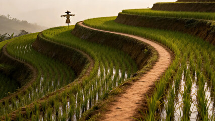 Photorealistic Minimalist Terraced Fields: Green Rice Paddies With Distant Scarecrow Silhouette, Winding Dirt Path & Soft Afternoon Light