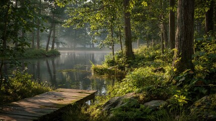 Tranquil Forest Lake Scene With Wooden Dock