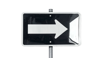 Black, rectangular street sign shows a white arrow pointing right. Isolated on a black background