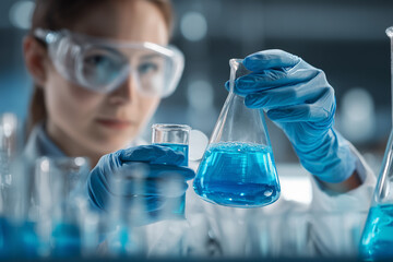 Female scientist interacting with futuristic digital interface in a laboratory, representing innovation, research, and advanced technology