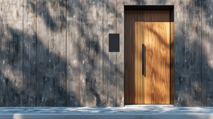 A sleek, modern smart lock with a black, glossy finish is installed on a natural wood-colored door. with a sophisticated matte finish. minimalist and brutalist. Generative AI