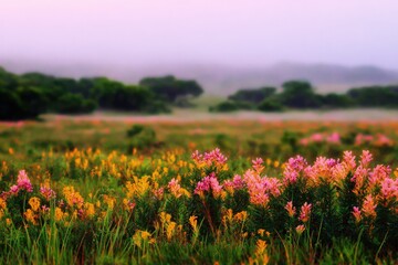 Colorful Wildflowers Meadow In Misty Morning