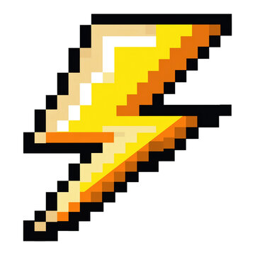 Pixel art lightning bolt illustration vibrant yellow and orange on transparent background
