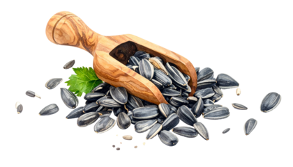 A wooden scoop overflowing with black and white striped seeds, with a few stray seeds and a green leaf scattered below
