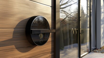 
A sleek, modern smart lock with a black, glossy finish is installed on a natural wood-colored door. with a sophisticated matte finish. minimalist and brutalist. Generative AI