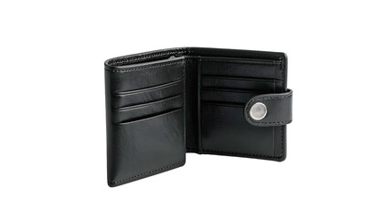 An opened, black leather wallet with multiple card slots and a snap closure, set against a dark background, highlighting its design