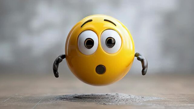 Shocked yellow emoji character raises hands in confusion or question mark gesture, expressing astonishment and doubt on a textured surface.