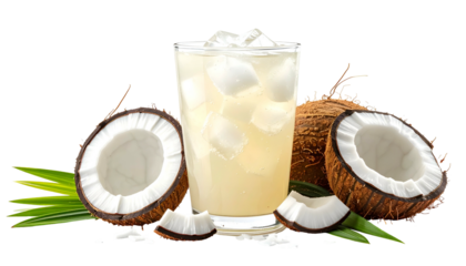 Refreshing coconut water drink with ice cubes, surrounded by halved coconuts