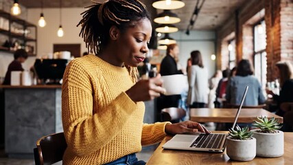 Woman works on laptop in cafe with coffee and indoor plants