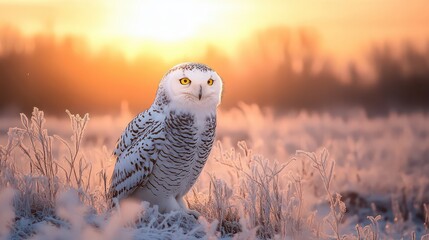 Snowy owl perched in a frosty field at sunrise soft golden light misty atmosphere serene peaceful winter landscape ultra detailed realistic