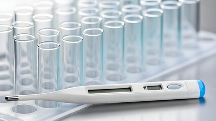 Digital Thermometer And Test Tubes Arranged Symmetrically, Modern Laboratory Setup Representing Scientific Precision, Medical Research, And Innovation In Clinical And Biotechnological Studies
