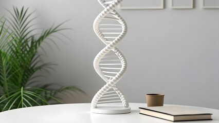 DNA Model Structure Placed On White Table, Educational Scientific Concept Representing Genetic Research, Molecular Biology, And Innovation In Biotechnology And Life Science Studies