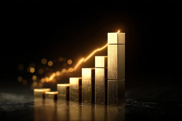 Glowing golden bar chart rising upward, symbolizing business growth, financial success, and economic progress