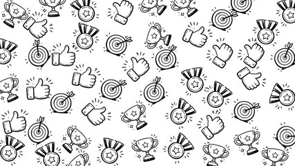 Doodle account success achievement goals trophy medal pattern suitable for designs celebrating victory, reaching objectives, and positive recognition.