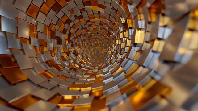 A luxurious abstract golden and silver geometric tunnel structure creating a dynamic spiral background texture for high-tech and finance concepts.