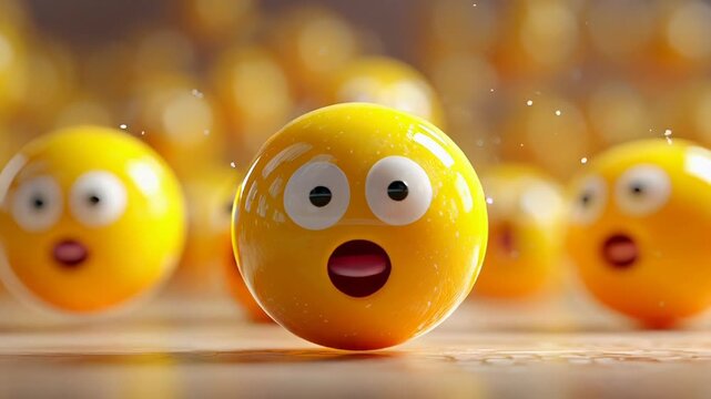 Dramatic 3D illustration of surprised yellow emoji characters floating with wide open mouths in a group reaction scene against a blurred bokeh background.