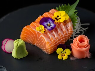 Artistically arranged salmon sashimi on a slate plate
