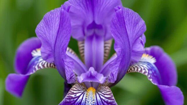 Close-up of a vibrant purple iris flower with detailed petals and stamens against a blurred green background.