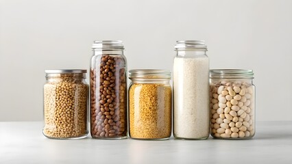 Reusable Glass Jars Filled With Bulk Pantry Goods, Minimal Style Kitchen Scene Promoting Zero Waste Living, Sustainable Storage, And Eco Friendly Organization With Natural Aesthetic