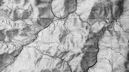 Detailed close up of vintage topographic map with raised mountains and dense contour lines showing valleys ridges and winding trails