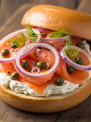 Smoked salmon bagel with cream cheese and capers

