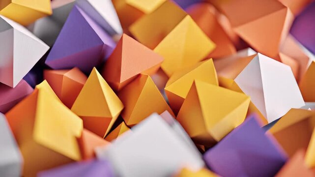 Abstract geometric background featuring a vibrant pile of multi-colored paper pyramids and polyhedrons with shallow depth of field.