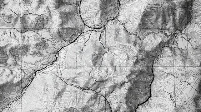 Detailed close up of vintage topographic map with raised mountains and dense contour lines showing valleys ridges and winding trails