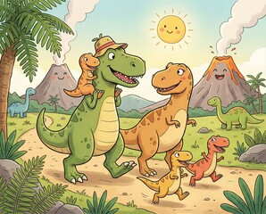 Cartoon T Rex Family Walking On A Path With Volcanoes And A Happy Sun Overhead