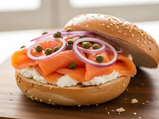 Smoked salmon bagel with cream cheese and capers

