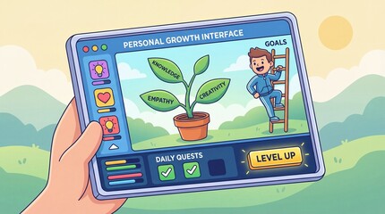 Digital Personal Growth Interface Showing Plant And Ladder To Success With Sun In Background