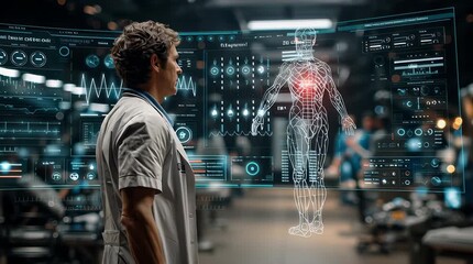 A doctor analyzing a human body X-Ray holographic screen display. The concept of futuristic medical diagnostics, advanced healthcare technology, and precision medicine. Generative AI. - Powered by Adobe