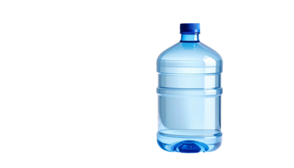 A large, clear, plastic jug of water, illuminated with a blue hue, against a stark black background. It appears full and ready for use