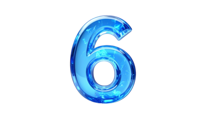 A numeral "6" rendered in transparent blue glass, with internal abstract light effects, against a black backdrop