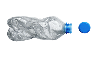 Crushed plastic bottle with cap on black background