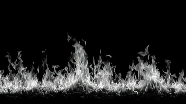 White glowing fire flames isolated on a solid black background, ideal for overlay effects, energy concepts, heat visuals, or graphic design elements.